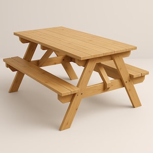 May include: A light brown wooden picnic table with attached benches. The table has a rectangular top made of wooden planks. The benches are also made of wood and are attached to the table with angled legs. The table is designed for outdoor use.
