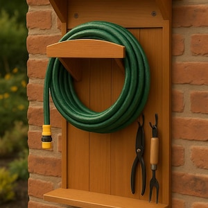 May include: A wooden garden hose holder fixed to a brick wall. The holder is stained light brown and holds a coiled green hose, black shears, and a small garden fork. The holder has shelves at the top and bottom, and is mounted on a brick wall.