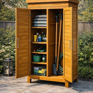 Può includere: Un mobile contenitore da esterno in legno con ante aperte, che rivela ripiani pieni di attrezzi da giardinaggio, forniture e cuscini. L'armadio è in legno marrone chiaro e si trova su un patio in pietra. Sono visibili una pala e un tubo.