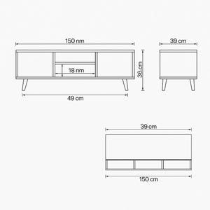 Peut inclure: Un sch&eacute;ma d'un meuble TV en bois avec des mesures. Le meuble mesure 150 cm de long, 36 cm de haut et 49 cm de large. Il comporte deux portes et une &eacute;tag&egrave;re centrale. Des vues lat&eacute;rales et sup&eacute;rieures sont &eacute;galement pr&eacute;sent&eacute;es.