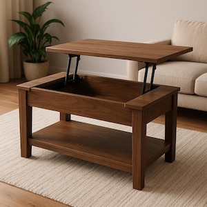 May include: A brown wooden lift-top coffee table with a lower shelf. The table's top is raised, revealing a storage compartment. The table is made of wood and has a rectangular shape. The table is 40 inches long, 20 inches wide, and 18 inches high.