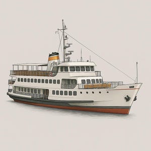 May include: Illustration of a white passenger ferry with multiple decks, windows, and a red waterline. The ferry has a black and yellow smokestack, antennas, and a small anchor on the bow. The image is set against a neutral background.