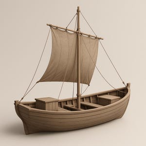 Könnte beinhalten: Detailliertes Holzmodell eines Segelbootes mit beigem Segel und Takelage. Das Boot hat ein klassisches Design mit Mast, Segel und Holzrumpf. Zwei kleine Holzkisten befinden sich auf dem Deck.