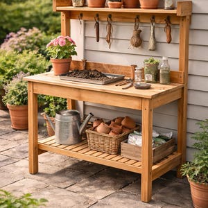 Garden Potting Bench Plans PDF | DIY Wooden Potting Table with Shelf