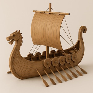 May include: A detailed wooden model of a Viking longship, featuring a dragon figurehead, a sail, and oars. The ship has round shields along the sides and is crafted from light brown wood. The model is a decorative item.