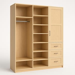 Puede incluir: Un armario de madera clara con múltiples opciones de almacenamiento. Cuenta con una barra para colgar, estantes y tres cajones. El armario tiene una puerta en el lado derecho y está diseñado para organizar ropa y otros artículos.