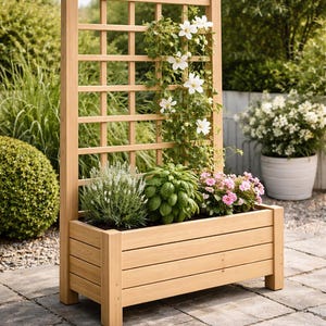 Può includere: Fioriera in legno con traliccio, riempita con varie piante e fiori. Fiori bianchi si arrampicano sul traliccio. La fioriera è in legno chiaro e poggia su un pavimento in pietra. Misure in centimetri.