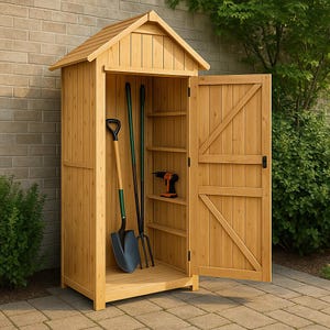 Könnte beinhalten: Ein hölzernes Gartenhaus mit offener Tür, das Gartengeräte und Regale zeigt. Das Haus ist aus hellem Holz gefertigt und hat ein Satteldach. Eine Schaufel, eine Mistgabel und ein Bohrer sind sichtbar.