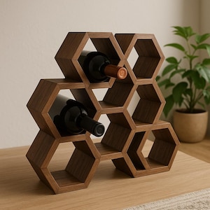 May include: A wooden wine rack with a honeycomb design, holding two wine bottles. The rack is made of dark brown wood and has a modern, geometric aesthetic. The bottles are dark, with visible corks. The rack sits on a light-colored wooden surface.