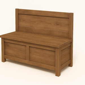 May include: A wooden bench with a backrest. The bench is made of light brown wood and has a rectangular seat and back. The backrest is made of horizontal wooden planks. The bench is suitable for indoor use.
