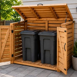Puede incluir: Un cobertizo de almacenamiento exterior de madera con diseño de listones, que cuenta con dos puertas frontales abatibles y una tapa superior elevable soportada por pistones de gas. Dentro hay dos grandes cubos de basura de plástico gris oscuro.