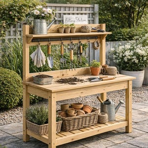 Peut inclure: Un établi de jardinage en bois avec une étagère supérieure, des crochets et une étagère inférieure. L'étagère supérieure contient de petits pots et une pancarte « Potting Station ». Des outils de jardinage sont suspendus aux crochets. Un arrosoir et un panier de pots sont sur l'étagère inférieure.