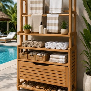 May include: A wooden towel rack with multiple shelves and a drawer. The rack holds rolled and folded towels, small plants, and toiletries. The towels are in shades of white and beige. Sandals are placed on the bottom shelf.