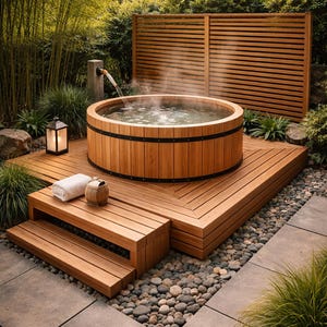 Puede incluir: Una bañera de hidromasaje de madera con agua humeante se encuentra en una terraza de madera, rodeada de vegetación. La bañera está acentuada con bandas de metal negro. Un pequeño barril de madera y una toalla enrollada están en los escalones.