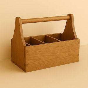 Puede incluir: Un organizador de herramientas de madera con asa y cuatro compartimentos interiores. El organizador es de madera marrón claro y presenta uniones de cola de milano en las esquinas. El asa tiene forma de cilindro.