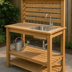 Puede incluir: Un banco de jardinería de madera con un fregadero y grifo de acero inoxidable. El banco tiene dos estantes inferiores y un respaldo de listones. Una regadera galvanizada está en el estante inferior. El banco es de madera marrón claro.