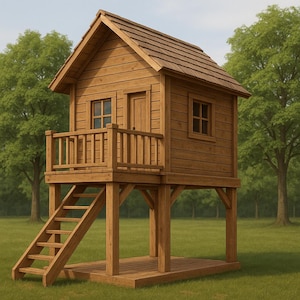 Può includere: Una casetta di legno con tetto di scandole marroni, un piccolo balcone e una scala. La casetta è rialzata su supporti in legno e ha due finestre e una porta. È situata in un'area erbosa con alberi sullo sfondo.