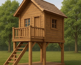 Houten boomhutplan zelf maken: blauwdruk speelhuis voor kinderen met terras en ladder
