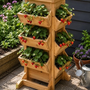 May include: A vertical wooden planter tower featuring multiple tiered, angled planting boxes on two sides. The structure is filled with green strawberry plants, each bearing small red strawberries and white flowers, arranged in a stacked configuration.