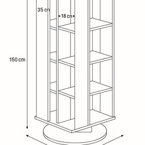 May include: A white, rotating bookshelf with multiple shelves. The bookshelf is 150 cm tall, 40 cm wide, and 35 cm deep. The shelves are 18 cm wide. The bookshelf is designed to rotate.