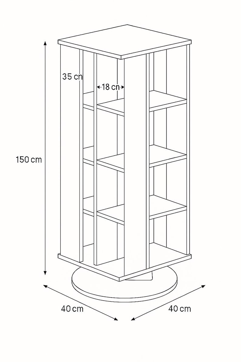 May include: A white, rotating bookshelf with multiple shelves. The bookshelf is 150 cm tall, 40 cm wide, and 35 cm deep. The shelves are 18 cm wide. The bookshelf is designed to rotate.