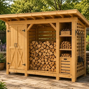 May include: A light brown wooden outdoor storage shed featuring a double-door cabinet on the left, a central open section filled with stacked firewood, and a right-side shelving unit with a lattice side panel holding fireplace tools.