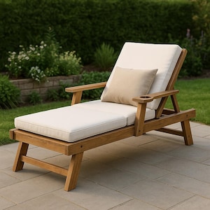 Puede incluir: Una tumbona de madera con un cojín color crema y una almohada beige. La tumbona tiene reposabrazos y un portavasos incorporado. La silla es de madera marrón claro y está sobre un patio de piedra. Mide aproximadamente 190 cm de largo.