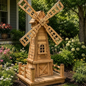 May include: A wooden windmill with four blades, a small window, and a door. The windmill is set on a wooden platform with a small fence. The structure is surrounded by a lush garden with various flowers and greenery.