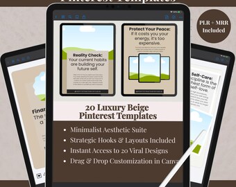 20 plantillas de lujo en color beige para Pinterest / Ganchos virales, PLR MRR (Descarga digital)