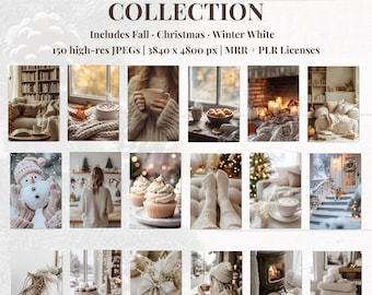 Paquete de fotos navideñas acogedoras: otoño, Navidad e invierno (150 imágenes, PLR+MRR)