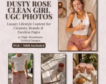 Paquete de contenido generado por el usuario (UGC) de Dusty Rose Clean Girl / 30 fotos de bienestar femenino generadas por IA / Contenido de estilo de vida acogedor en rosa / Fotos de archivo con estética neutra