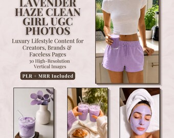 Paquete de fotos UGC de chica limpia color lavanda púrpura / Fotos de stock de estilo de vida lavanda / Contenido generado por IA / Plantilla de Canva
