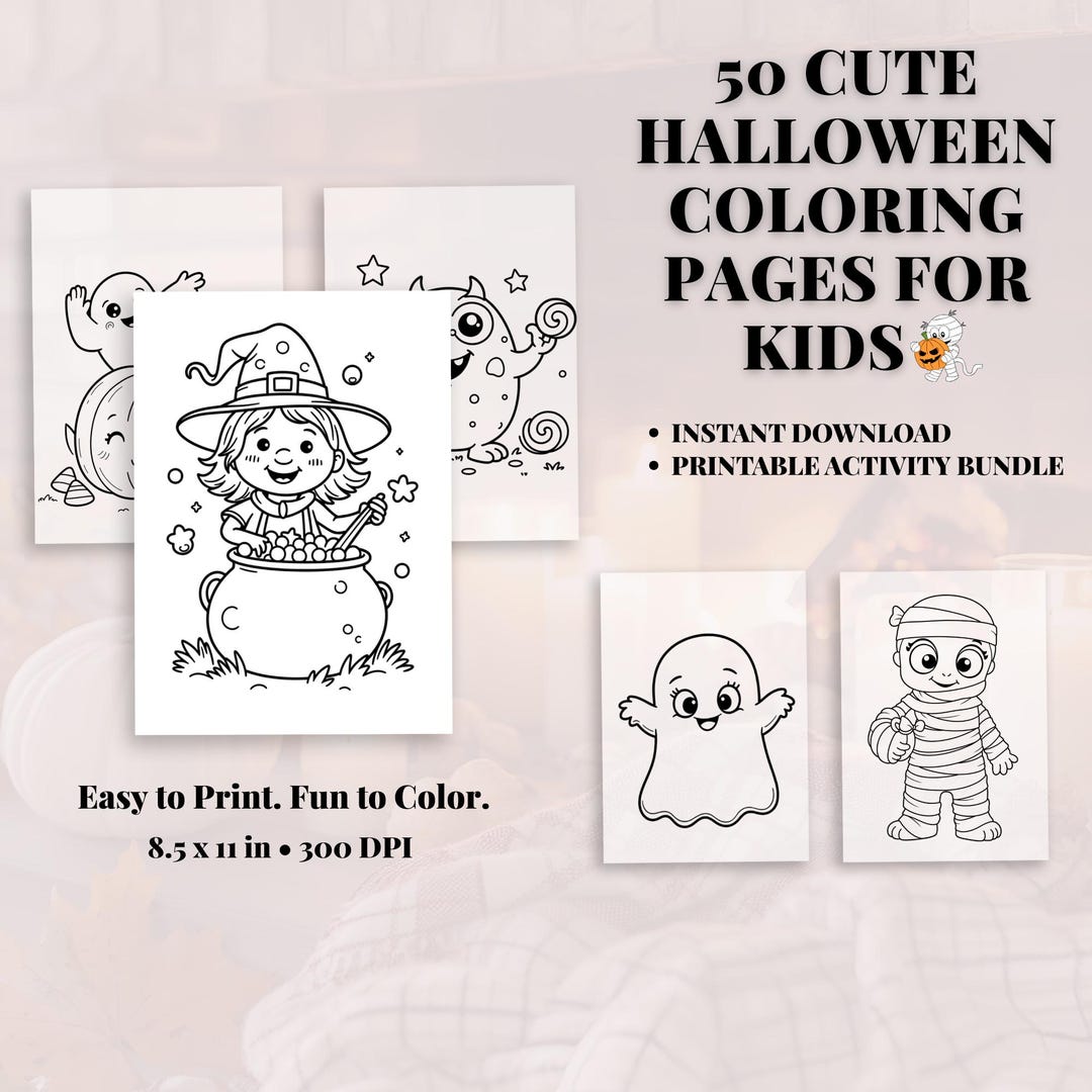 50 Halloween Coloring Pages for Kids: Printable Activity Bundle ...