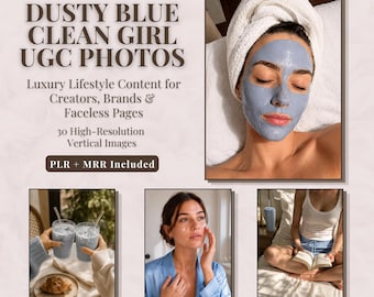 Fotos UGC de Dusty Blue Clean Girl, fotos de stock de bienestar azul, paquete de contenido de estilo de vida de lujo, contenido de Instagram sin rostro
