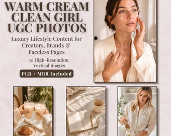 Paquete de fotos UGC de Cream Clean Girl / Fotos de stock de estilo de vida de lujo neutro / Contenido generado por IA para marcas de bienestar, cuidado de la piel y marcas sin rostro