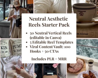 Paquete de inicio de Neutral Reels: 50 clips sin rostro, plantillas de Canva (PLR+MRR) (descarga digital)