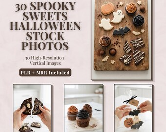 Fotos de stock de repostería de Halloween, paquete de contenido de dulces espeluznantes, galletas y postres de Halloween, fotografía de alimentos, imágenes PLR MRR
