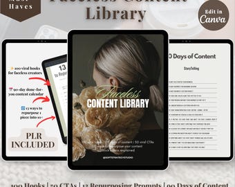 May include: A digital toolkit for faceless digital sellers. The image shows three tablets displaying content ideas, hooks, and prompts. The text includes "Faceless Content Library," "100 Hooks," "90 Days of Content," and "PLR Included."