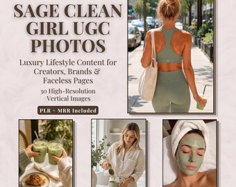 Paquete de fotos UGC de Sage Clean Girl / Fotos de stock con IA para marcas de bienestar, Instagram sin rostro, contenido de pilates, estética matcha, PLR Mrr