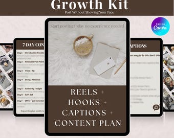 Kit de crecimiento de Instagram sin rostro, Reels, ganchos, subtítulos (plantilla de Canva)