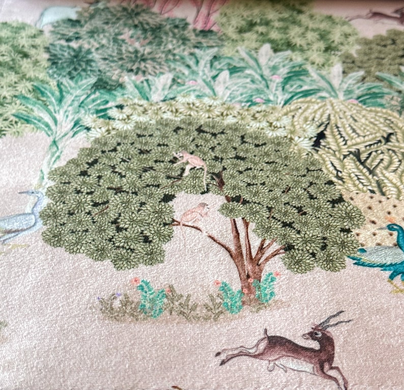 May include: A whimsical illustration of a forest scene with a large green tree, a monkey, birds, a peacock, and a deer. The background is a light beige color.