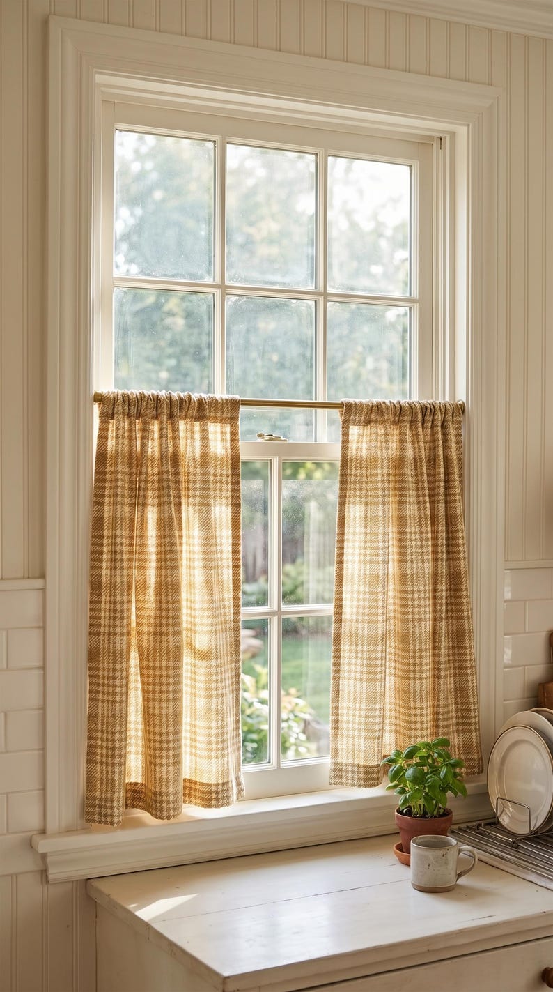 May include: A pair of cafe curtains featuring a tan and white plaid pattern, hung on a thin brass rod across the middle of a window. The fabric is semi-sheer, allowing light to filter through the checkered weave into the room.