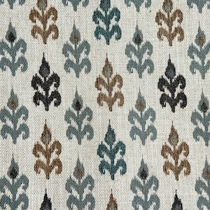 May include: A close-up of a fabric with a repeating pattern of stylized floral motifs in shades of brown, teal, and black on a white background.