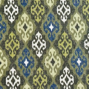 May include: A fabric with a repeating pattern of diamond shapes in shades of green, blue, and white. The pattern is intricate and features a stylized floral design.