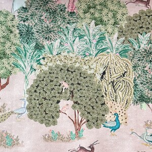 May include: A whimsical illustration of a forest scene with peacocks, monkeys, and deer. The background is a light pink with green foliage and flowers.