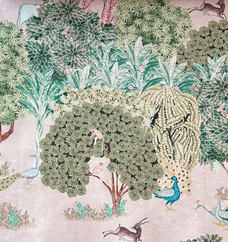 May include: A whimsical illustration of a forest scene with peacocks, monkeys, and deer. The background is a light pink with green foliage and flowers.