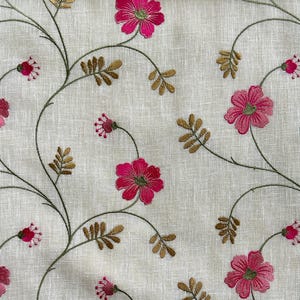 Luxury Dark Rose Pink/ White Floral Embroidered Customizable Curtains, Upholstery, Drapes, Pillow Covers, Table Runner, Shower Curtains