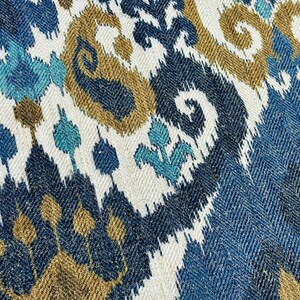 May include: Blue, brown, and white ikat fabric with a repeating pattern of swirls and diamonds.
