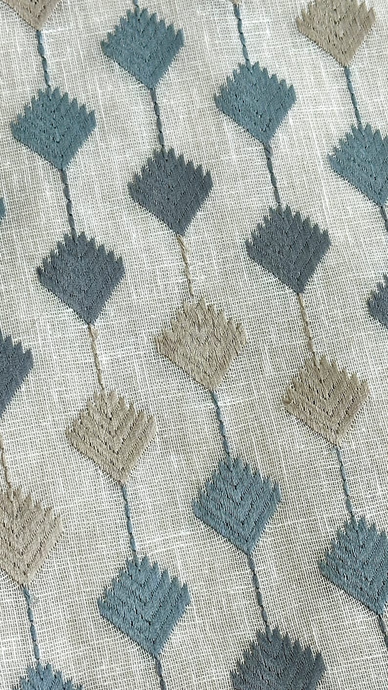 Puede incluir: Primer plano de una tela blanca con un patr&oacute;n repetitivo de formas de flores estilizadas azules y marrones.