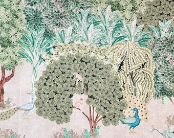 May include: A whimsical illustration of a forest scene with peacocks, monkeys, deer, and other animals. The background is a light pink color with green trees and foliage.